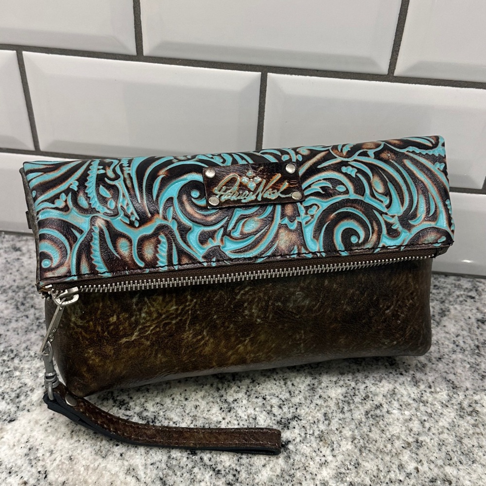 Patricia Nash Valerie Medium Wristlet Clutch Brown Turquoise Tooled Leather Boho